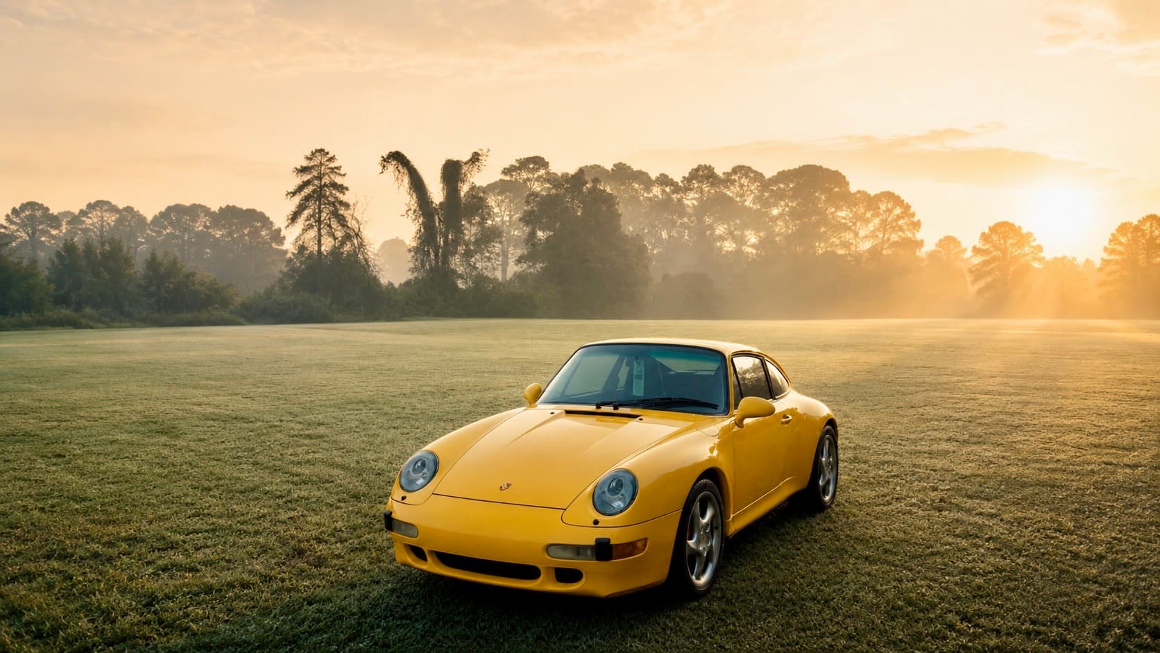 A restored Porsche 993 C4S parked in a misty field at sunrise