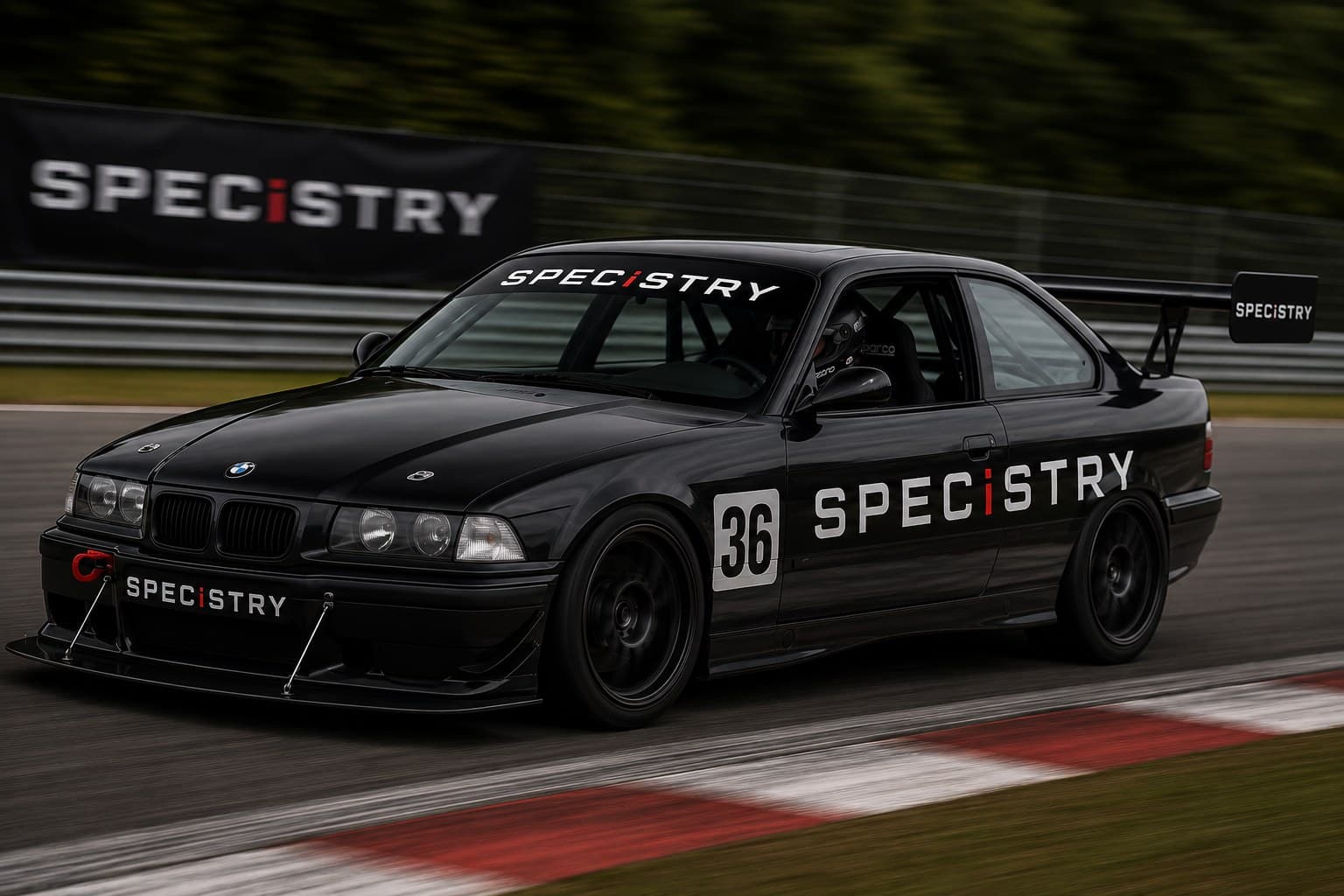 A BMW E36 track car in Specistry livery, mid-corner